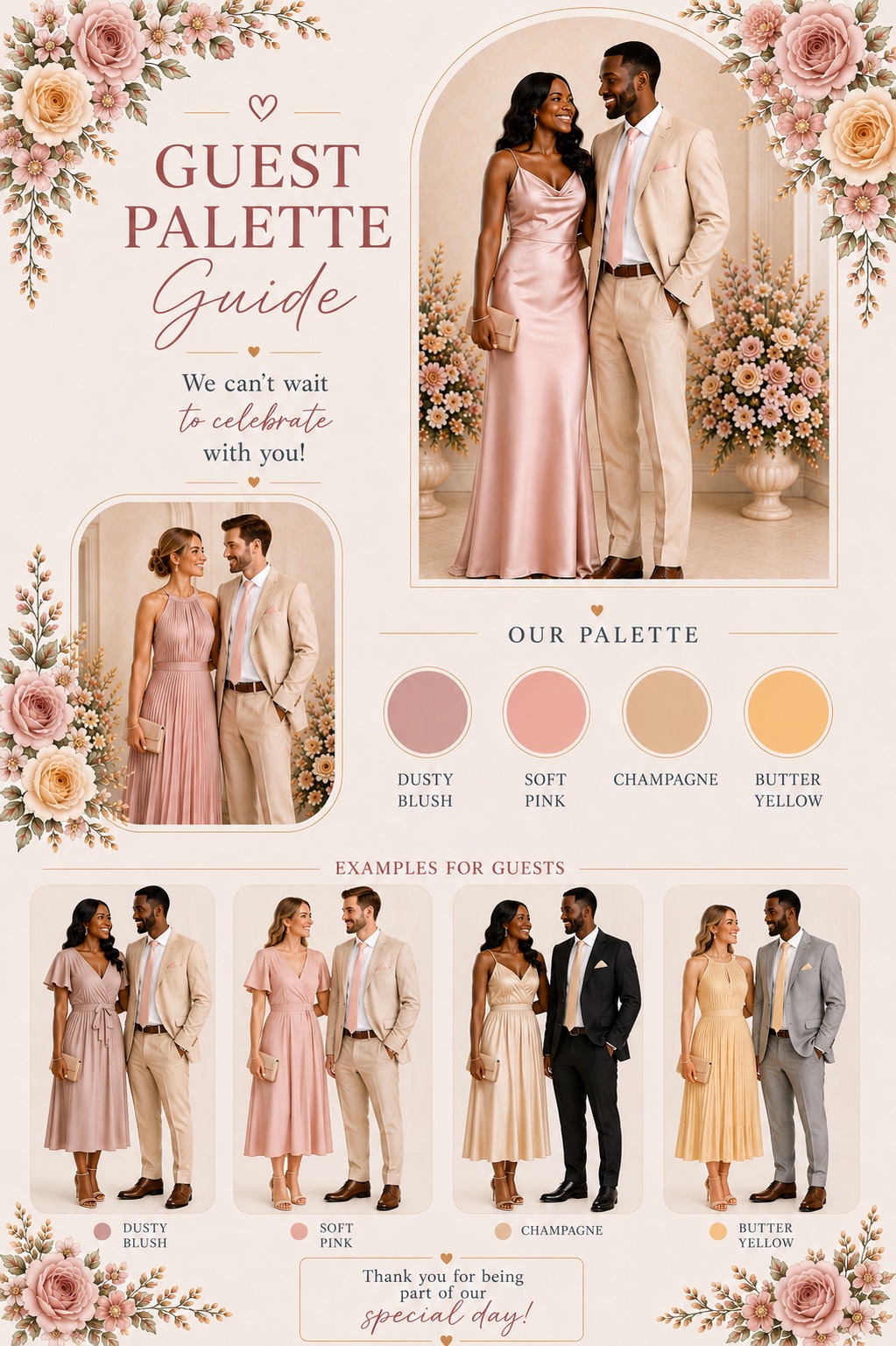 Guest palette guide. Four colours — dusty blush, soft pink, champagne and butter yellow — shown as swatches, with photographs of couples dressed in each one.